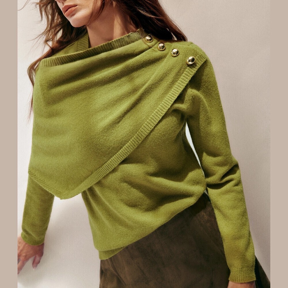 Olive Green Knit Asymmetrical Draped Neck Faux Gold Button Sweater